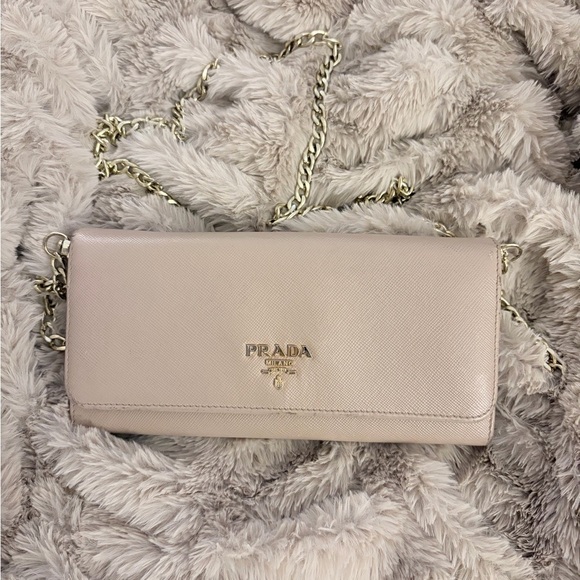 Prada Handbags - Authentic, Prada Saffiano Clutch Wallet on Chain - Cameo